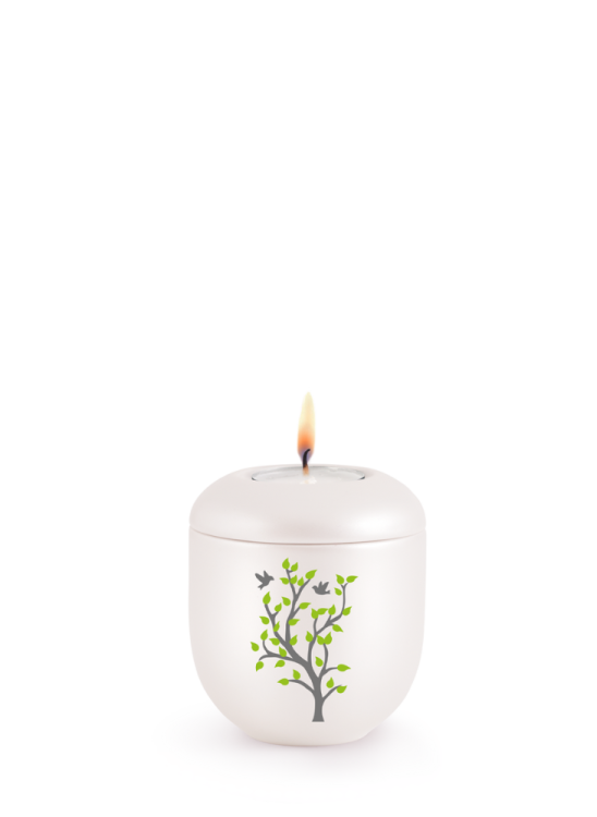 Keramická miniurna Silva II, jarný strom, perleťovo biela, sviečka