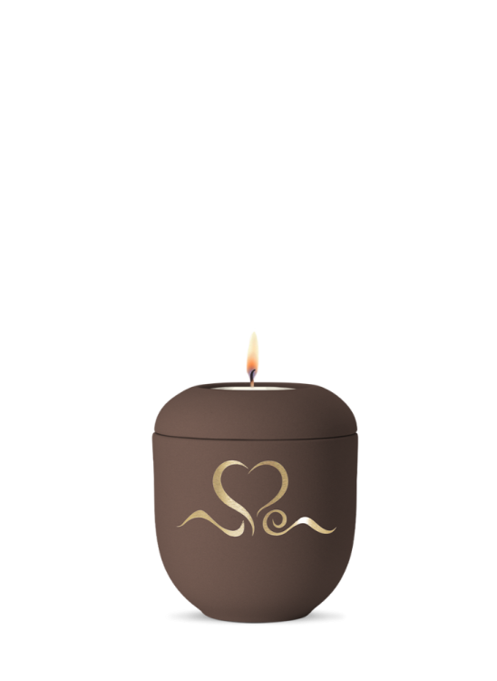 Keramik Mini Urne Herz II, braun, gold, Herz, Kerze. 