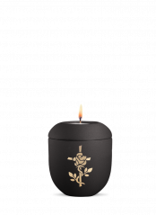 Keramická miniurna Facette, čená, matný povrch, růže a kříž, svíčka