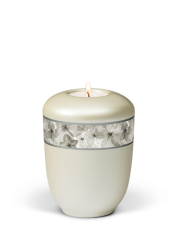 Keramická miniurna Zen, bílá, ozdobný pásek, květiny, svíčka