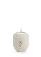 Keramická miniurna Melina Creme, sametová, krémová, zlatá růže a kříž, svíčka ma víku.