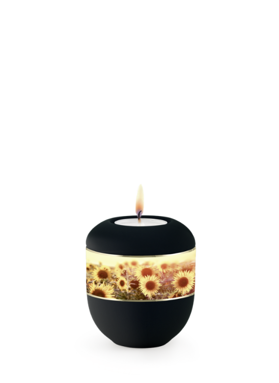Keramická miniurna Ventura, sametově černá, slunečnice, svíčka.