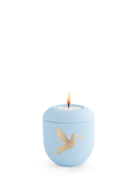 Keramická miniurna Pastell, modrá, holubice, svíčka.