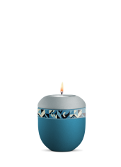 Kremaická miniurna Artist, modrá, tyrkysová, geometrie, svíčka