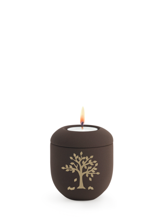 Porzellan-Mini-Urne Melina Café, Samt, braun, Kaffee, goldenes Motiv, Baum, Kerze auf dem Deckel.