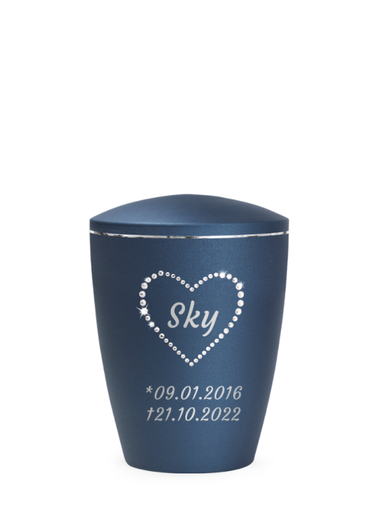 Zvířecí urna Elegance Heart, navy, 0,5l, srdce, vyřezávané písmo