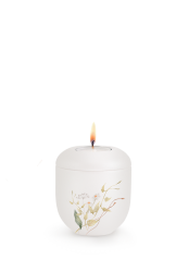 Keramická miniurna Botanique, perleťová, bílá, oranžový, květinový motiv, svíčka.