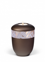 Keramická miniurna Zen, hnědá, ozdobný pásek, listy, svíčka