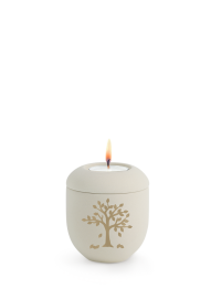 Keramik-Mini-Urne Melina Creme, Samt, Creme, goldenen Baum, Kerze mit Deckel.
