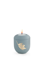 Keramická miniurna Pastell, šedá, list, svíčka.