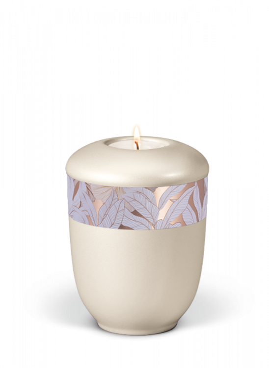 Keramická miniurna Zen, bílá, ozdobný pásek, listy, svíčka