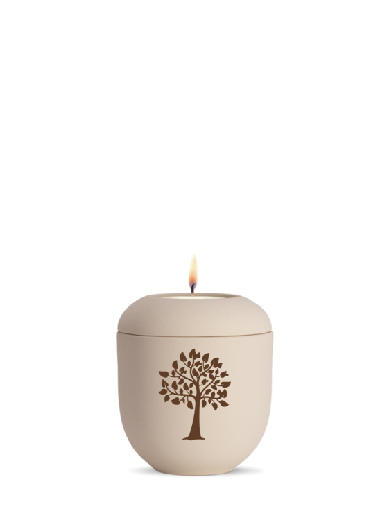 Keramická mini urna Classique, zamatová, krémová, hnedá, strom, sviečka.