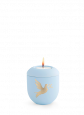 Keramická miniurna Pastell, modrá, holubice, svíčka.