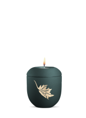 Keramická miniurna Facette, zelená, matný povrch, list, svíčka