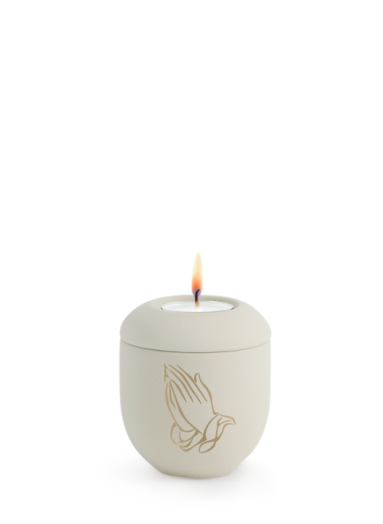 Keramická miniurna Melina Creme, sametová, krémová, modlitba, svíčka ma víku.
