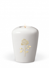 Keramická miniurna Lucy, bílá, krémová, zlatá růže, svíčka.