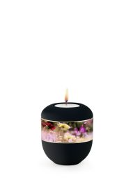 Keramická mini urna Ventura, zamatovo čierna, kvetinová lúka, sviečka.
