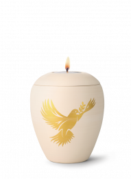 Keramická miniurna Siena, přírodní, žlutá, airbrush, zlatý motiv holubice, svíčka na víku.