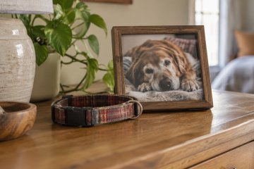 Fotografie a obojek jako osobní vzpomínka na zesnulého mazlíčka