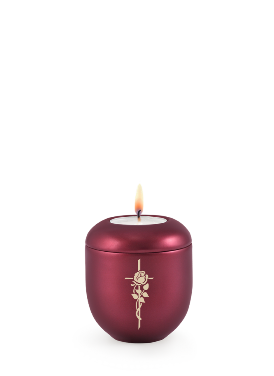 Keramická miniurna Creatio, perleť, vínová, kříž a růže, svíčka.
