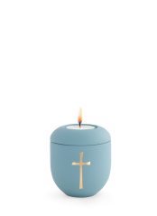 Keramická miniurna Pastell, modrá, kříž, svíčka.