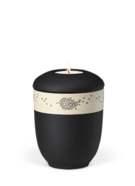 Keramik Mini Urne Natur Schwarz, schwarz, dekorative Gürtel, Blatt, Kerze