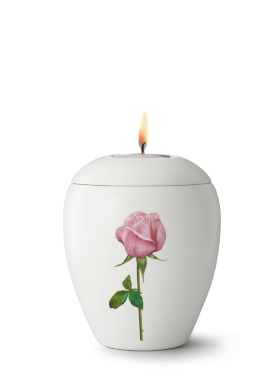 Mimiurna Bianco aus Keramik, glasiert, weiß, Rosenmotiv, Deckel mit Kerze