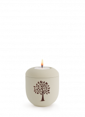 Klasická keramická miniurna, krémová, zamatová, strom, sviečka.