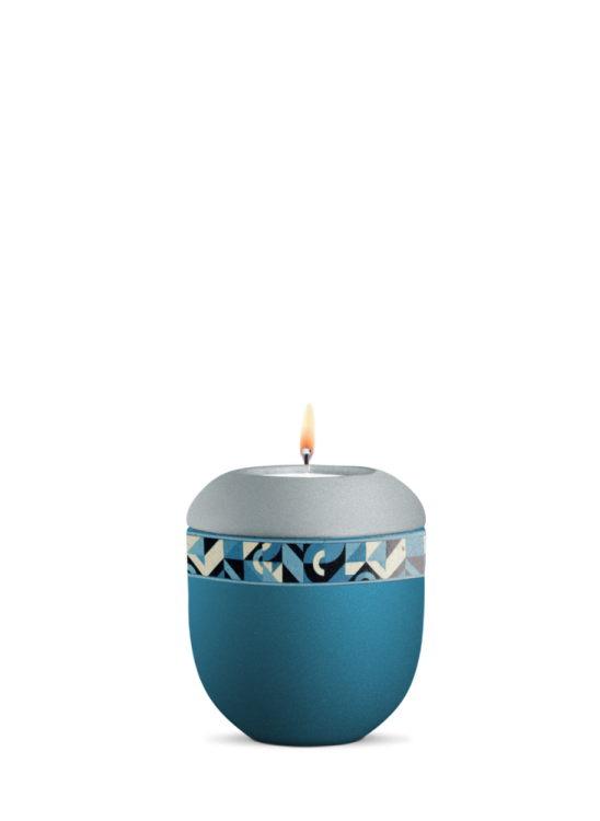 Kremaická miniurna Artist, modrá, tyrkysová, geometria, sviečka