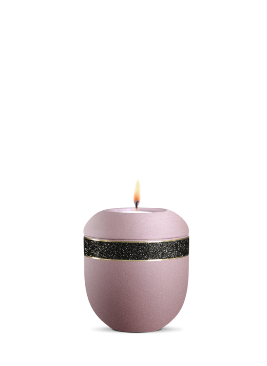 Ceramiczna mini urna Noire, różowy, liliowy, czarny brokatowy pasek, złote paski, świeca.