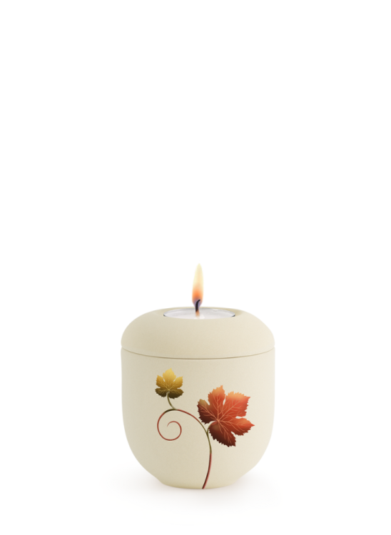 Keramická miniurna Classic, biela, krémová, zamat, viničné listy, sviečka.