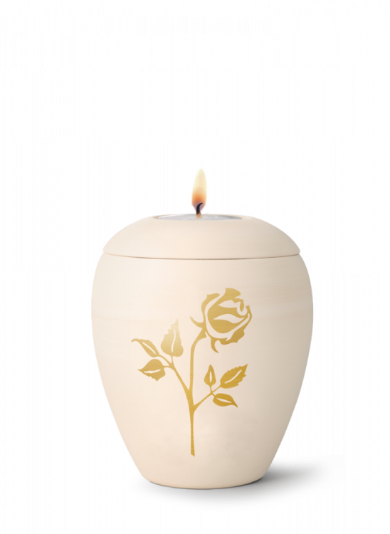Keramická miniurna Siena, přírodní, žlutá, airbrush, zlatý motiv růže, svíčka na víku.