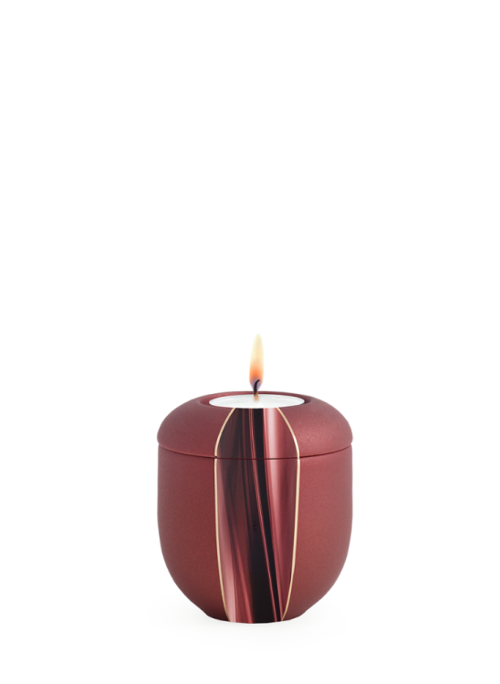 Keramická miniurna Cascade, rubínová, červená, vlny, zlaté proužky, svíčka.