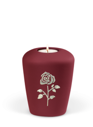 Keramická miniurna Lucy, červená, bordó, zlatá ruža, sviečka.