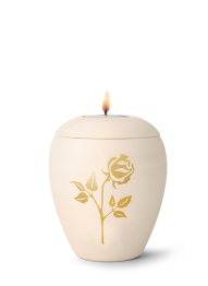 Ceramiczna mini urna Siena, naturalna, żółta, aerograf, motyw złotej róży, świeca na wieczku.