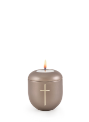 Keramická miniurna Creatio, perleť, hnědá, kříž, svíčka.