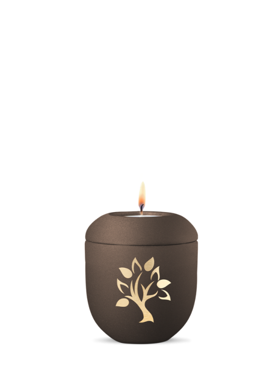 Keramická miniurna Facette, hnědá, matný povrch, strom, svíčka