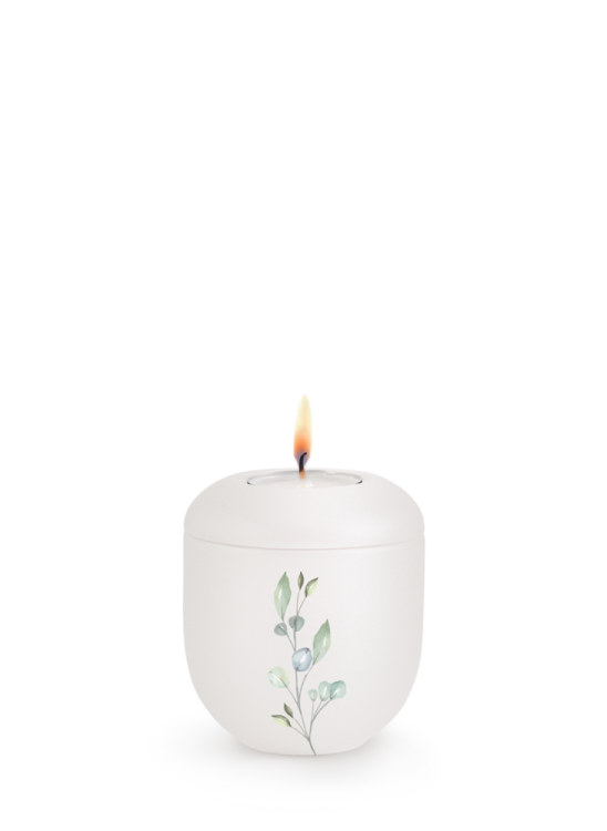 Keramická miniurna Botanique, perleťová, bílá, eukalyptus, svíčka.