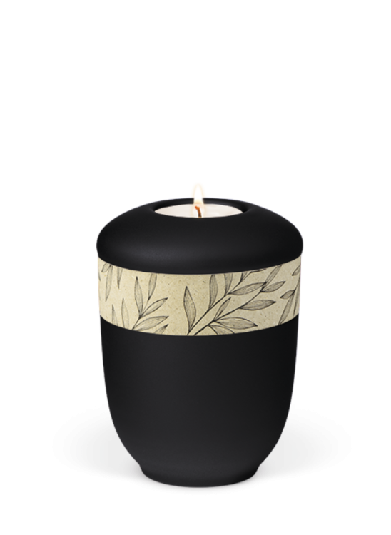Keramik Mini Urne Natur Schwarz, schwarz, dekorative Gürtel, Gras, Kerze