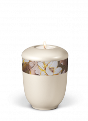 Keramická miniurna Zen, biela, ozdobný opasok, magnólia, sviečka