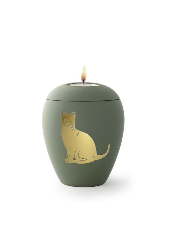 Siena Katzen-Tierurne mit Kerze – Olivgrün, 0,5 l