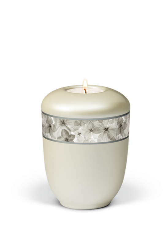Ceramiczna mini urna Zen, biała, ozdobny pasek, kwiaty, świeca