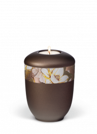 Keramická miniurna Zen, hnedá, ozdobný opasok, magnólia, sviečka