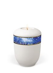 Ceramiczna mini urna Van Gogh, Gwiaździsta noc, biała, złote paski, świeca