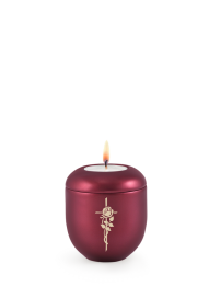 Keramická miniurna Creatio, perleť, vínová, kříž a růže, svíčka.
