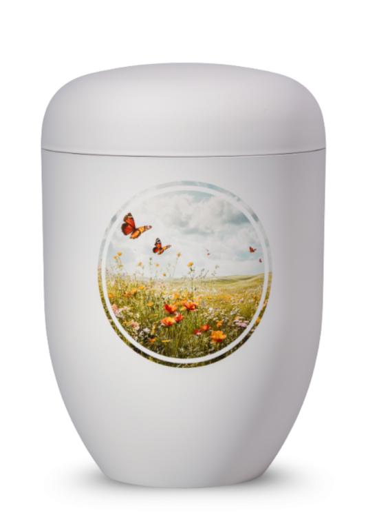 Ökologische Urne Elegance – Weiß/Sommerwiese