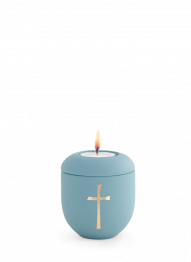 Keramická miniurna Pastell, modrá, kříž, svíčka.