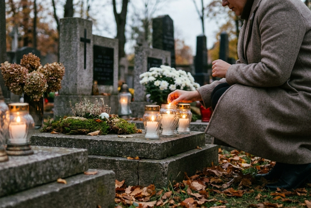 Zapalanie zniczy na grobie podczas listopadowej wizyty na cmentarzu