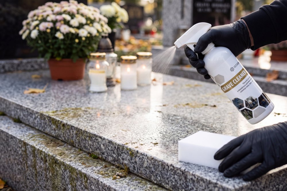 Nanášení čističe Grave Cleaner na kamennou desku hrobu